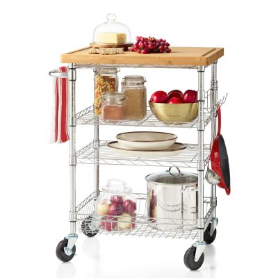 4 Tier Rolling Cart With Bamboo Cutting Board – Chrome Finish